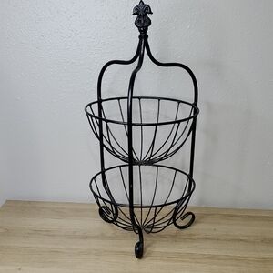 Black Metal 2 Tier Fruit Basket Stand Vegetable Basket Stand Bowl